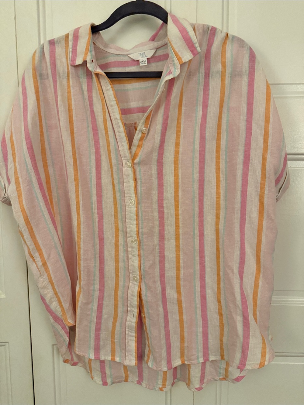 Time and Tru Pink, Orange & White Striped Button-Down Shirt